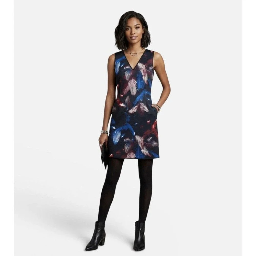 WHBM White House Black Market Dress Black Feather Print Scuba Mini Dress Size 6 - Picture 1 of 13